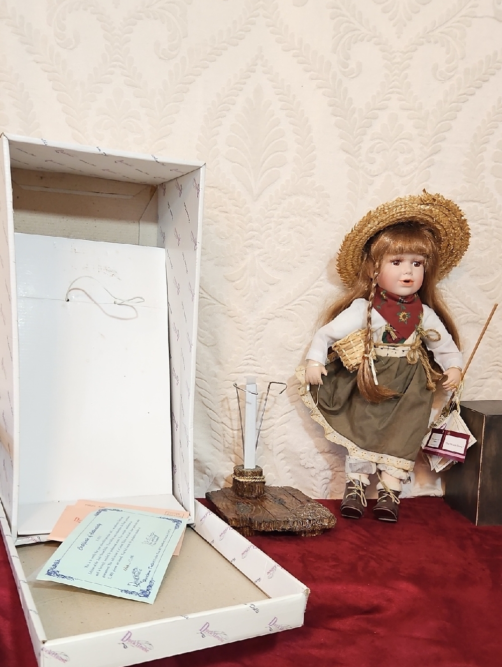 Vintage Porcelain Doll in Olive Green Dress with Straw Hat